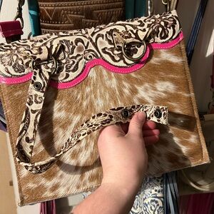 Cowhide Crossbody Bag with Decorative Tooled Flap - Pink Trim